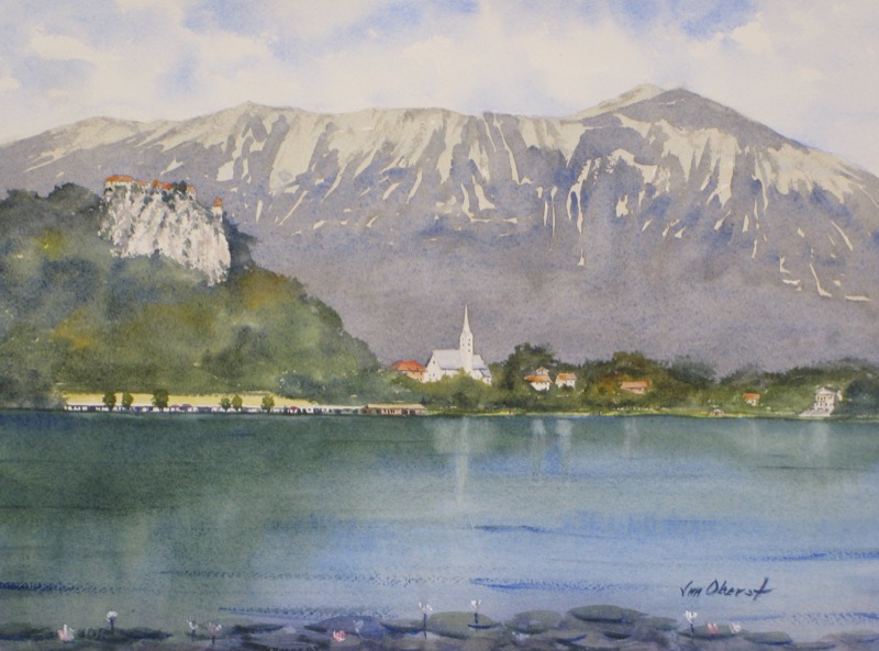 landscape, europe, slovenia, bled, lake, castle, julian, alps, original watercolor painting, oberst